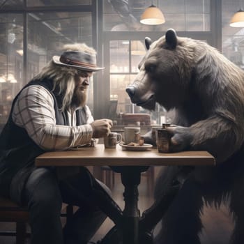 A man and a bear sit in a cafe and chat