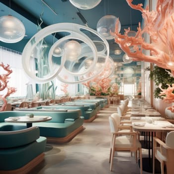 The interior of the seafood restaurant. There is no one