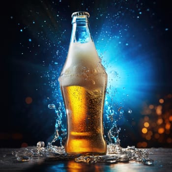 Advertising poster of beer. A bottle of beer on a blurred background