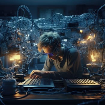 The programmer works on a computer through a neural interface. The wires are connected to the head