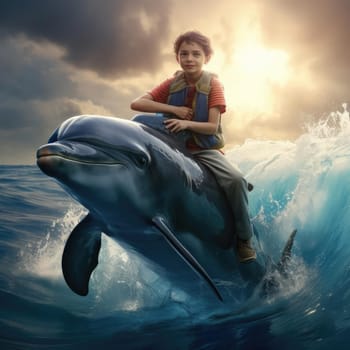 Joyful child top on a dolphin. The concept of therapy