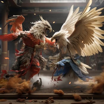 Two eagles fight each other on the tatami