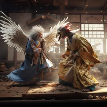 A man fights an eagle on a tatami mat