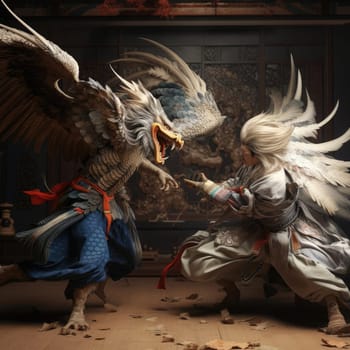 A man fights an eagle on a tatami mat