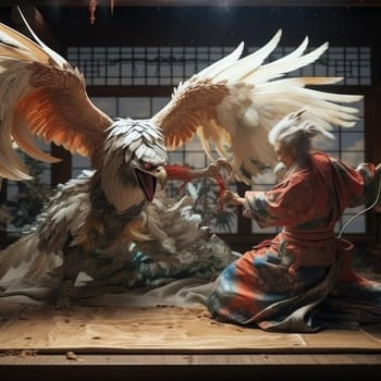 A man fights an eagle on a tatami mat