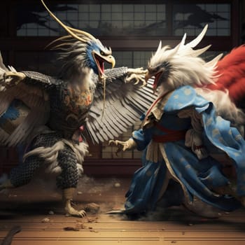 Two eagles fight each other on the tatami