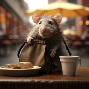 Mouse in a cafe at a table with people
