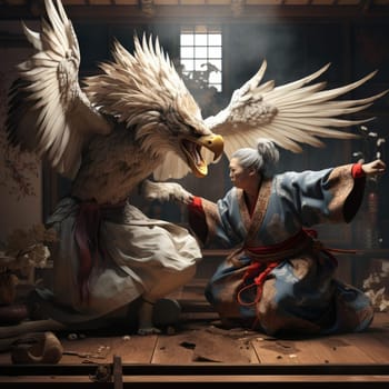 A man fights an eagle on a tatami mat