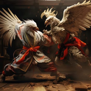 Two eagles fight each other on the tatami