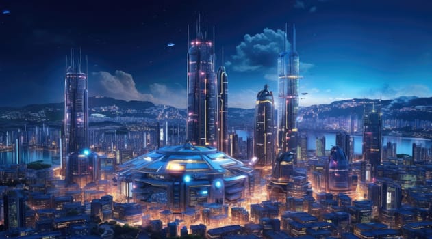 A virtual city with holograms and bright road lines. A vision for the future