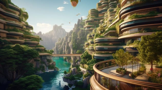 Architecture of the future, lots of green plants and balconies. A vision for the future