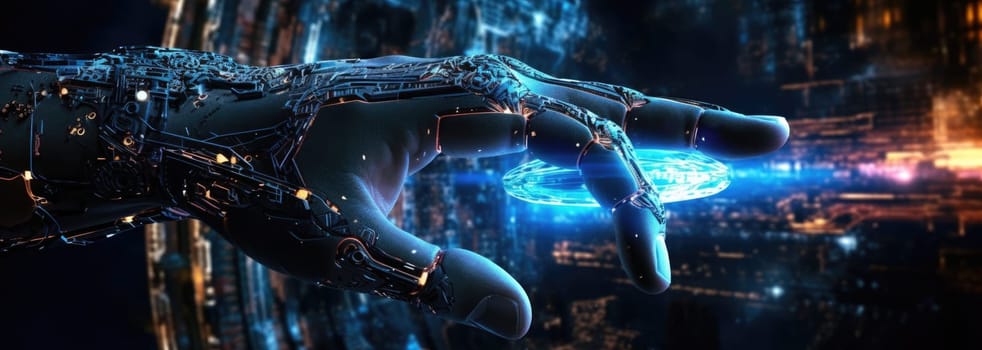 The human hand touches artificial intelligence. The concept of technology