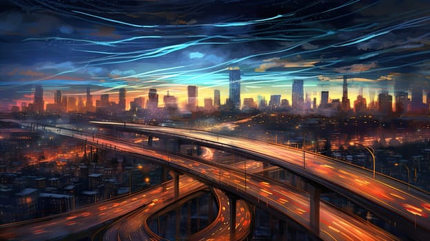 Abstract illustration. The city of the future with bright lines