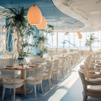 The interior of the seafood restaurant. There is no one
