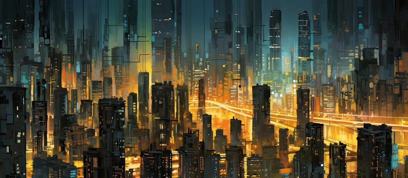 Abstract illustration. The city of the future with bright lines