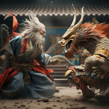 A man fights a dragon on a tatami mat