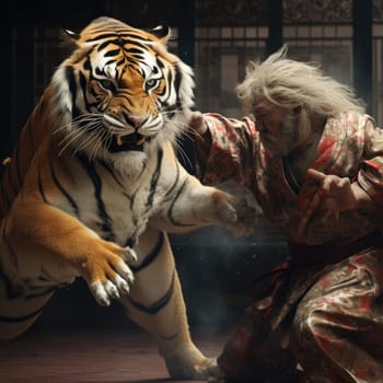 Tiger fights with a man on a tatami mat