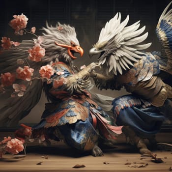 Two eagles fight each other on the tatami