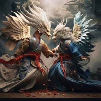 Two eagles fight each other on the tatami