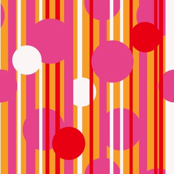 Hand drawn seamless pattern with pink orange red white minimalist lines, stripes striped abstract geometric design circles. Mid century modern print, trendy bold warm colors, creative stroke doodle. Retro