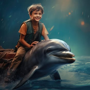 Joyful child top on a dolphin. The concept of therapy