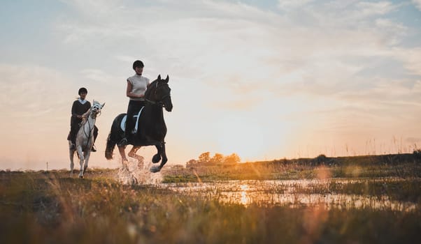 Horse riding, friends and girls in countryside at sunset with outdoor mockup space. Equestrian, happy women and animals in water, nature and adventure to travel, journey and summer vacation together