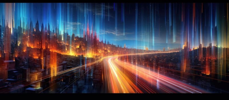 Abstract illustration. The city of the future with bright lines