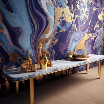 Luxury interior. Table on the background of wallpaper with a marble pattern