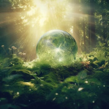 Glass sphere in the forest, grass and sun. The concept of nature conservation