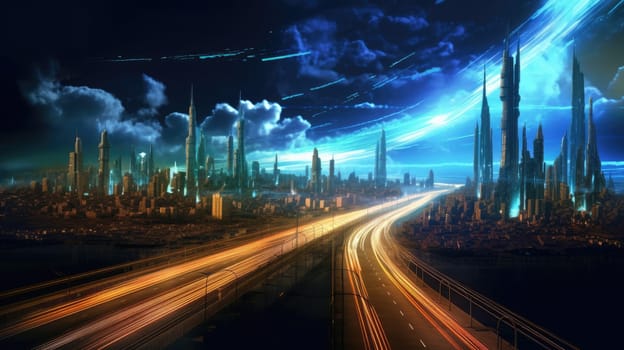 Abstract illustration. The city of the future with bright lines