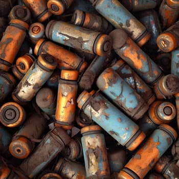 A lot of rusty used batteries. The concept of pollution