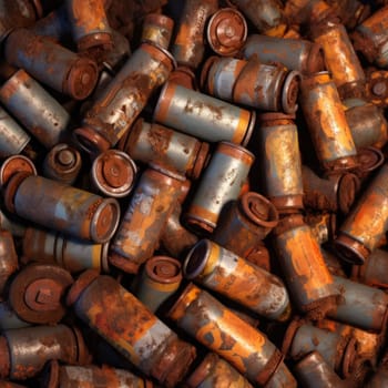 A lot of rusty used batteries. The concept of pollution