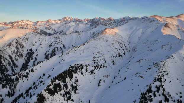 Epic red-orange sunset in high snowy mountains. There are tall coniferous trees, there is snow on the hills. High peaks. The sun's rays fall on the clouds and fog that is lower down the gorge. Almaty