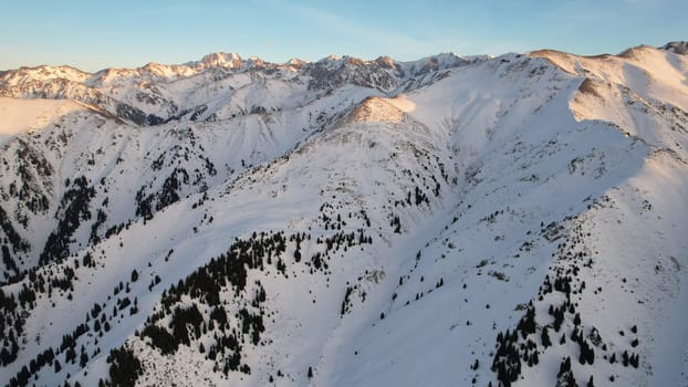 Epic red-orange sunset in high snowy mountains. There are tall coniferous trees, there is snow on the hills. High peaks. The sun's rays fall on the clouds and fog that is lower down the gorge. Almaty