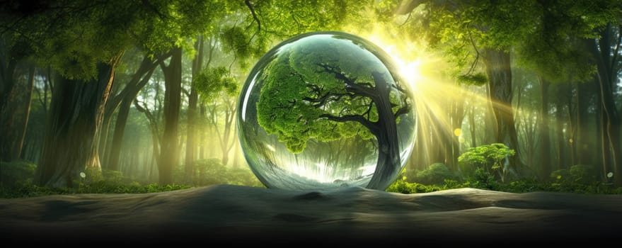 Glass sphere in the forest, grass and sun. The concept of nature conservation