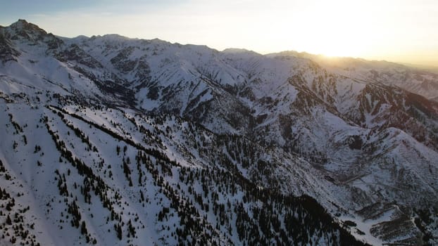 Epic red-orange sunset in high snowy mountains. There are tall coniferous trees, there is snow on the hills. High peaks. The sun's rays fall on the clouds and fog that is lower down the gorge. Almaty