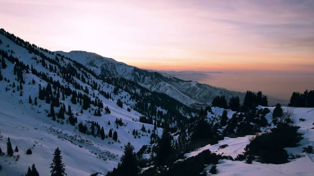 Epic red-orange sunset in high snowy mountains. There are tall coniferous trees, there is snow on the hills. High peaks. The sun's rays fall on the clouds and fog that is lower down the gorge. Almaty
