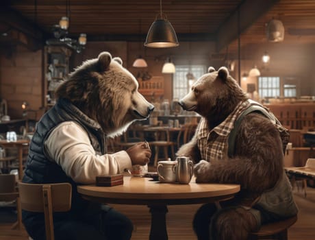 Two bears sit in a cafe and chat