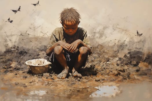 African hungry boy sits on the ground and eats. Generative AI. High quality illustration