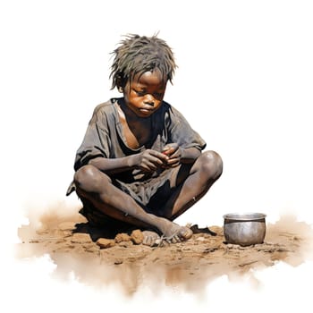 African hungry boy sits on the ground and eats. The concept of starving children in Africa. Generative AI. High quality illustration