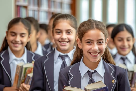 Portrait of girls in school uniform. The girls go to school. Generative AI. High quality illustration