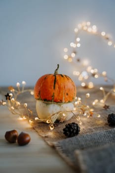 Pumpkin and nuts. Yellow lanterns. Bokeh. Thanksgiving Day. Festive composition. Holiday photography. Autumn composition. Decorative pumpkin. Vertical image.