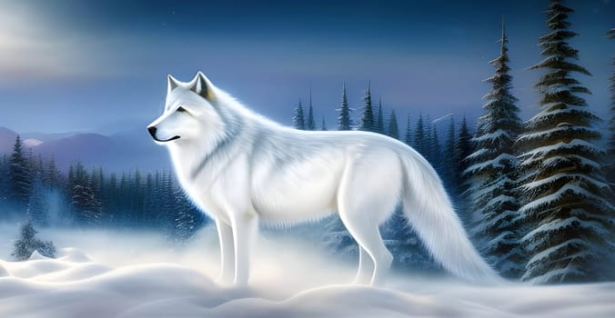 A glowing white wolf standing in a snow covered landscape, Generative AI.