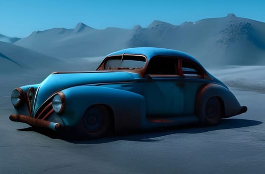 Elegant rusted blue old timer vintage car in a blue background. Generative AI.