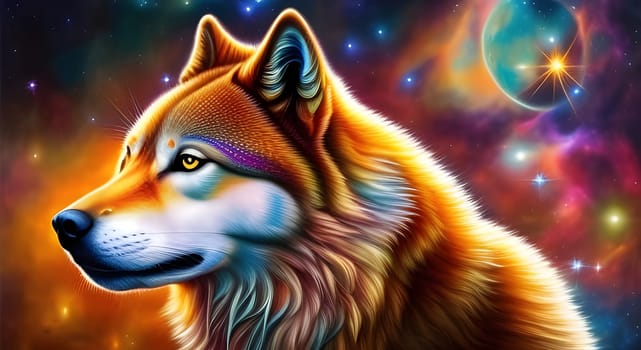 A glowing brown wolf with a galaxy background, Generative AI.