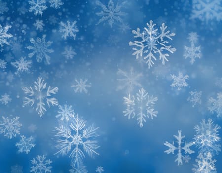 Impression of white snowflakes on a blue sky. Winter background. Generative AI.