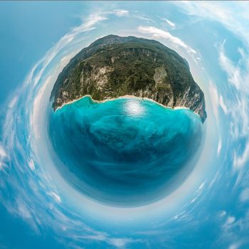 Spherical panorama of a little planet with mountains, sea coast, long beaches, rocks, beautiful turquoise and blue sea. View on the Megali Petra and Kavalikefta beach on  the west coast of the island of Lefkada, Greece.