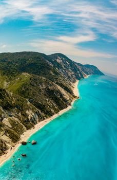 Aerial view on the sea coastline with beaches and rocks. Beautiful natural seascape at the summer time. View on the Megali Petra beach on the west coast of the island of Lefkada, Greece.