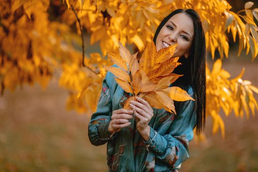Portrait of beautiful happy woman holding autumn leaves over her face in the park and smiling. Looking at camera. 