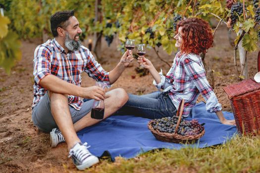 Beautiful happy smiling couple are having a picnic in a vineyard and toasting with wine for successful harvest.